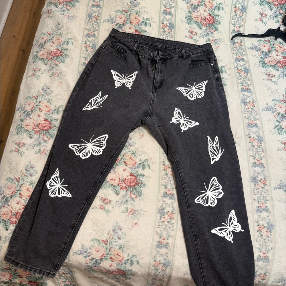 SHEIN Black Straight Leg Jeans with Butterfly Print
